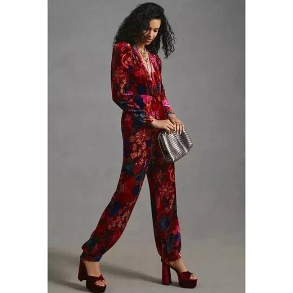 Farm Rio Red Wildlife Snake Garden Floral Velvet Jumpsuit Romper Vivid - Picture 15 of 15